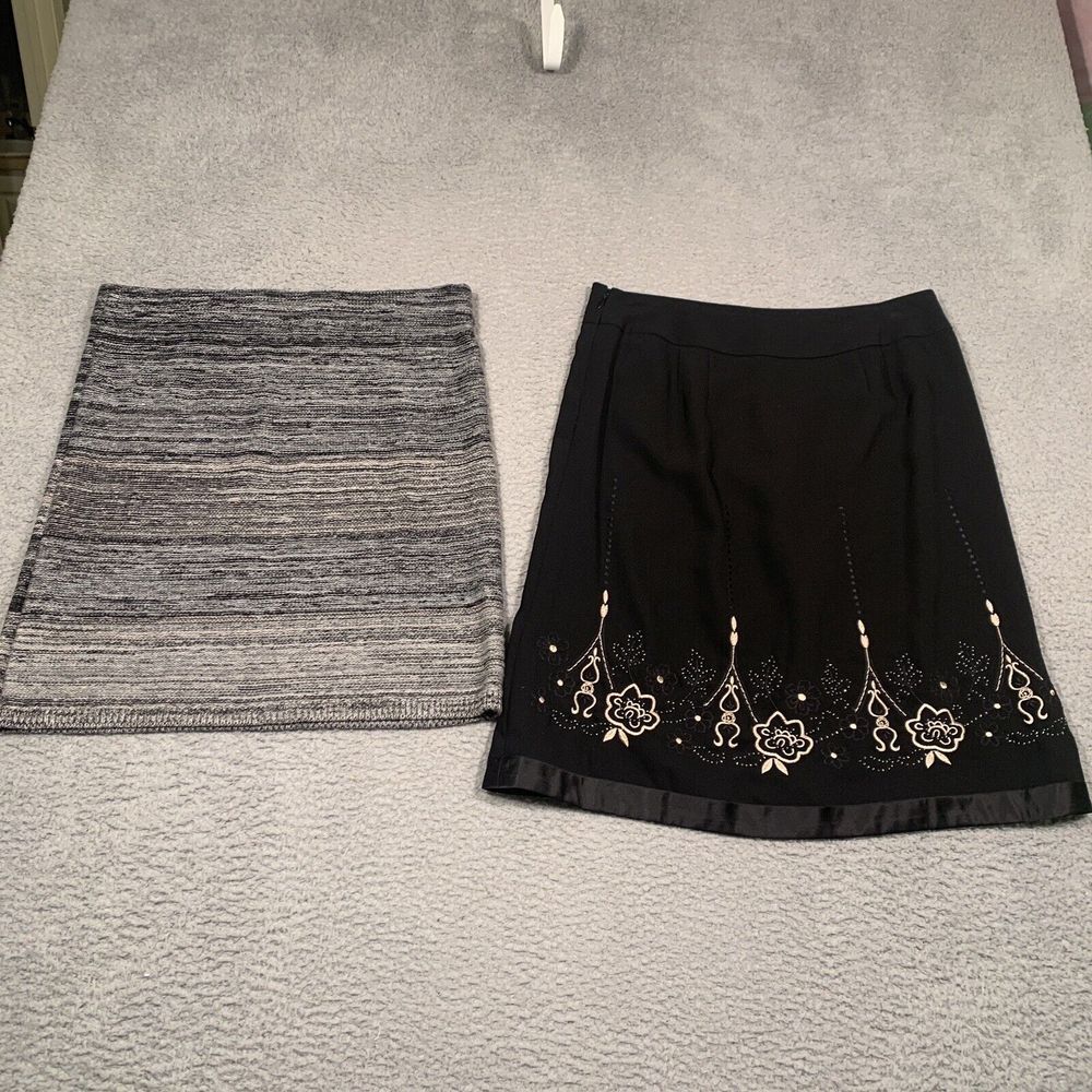 Ann Taylor Loft Skirts Black Formal Embroidered A Line & Stretchy Medium M 6P‎